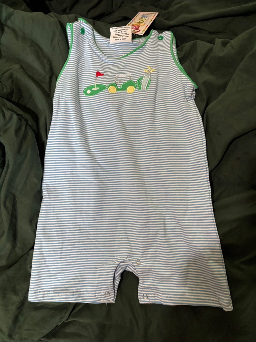 Blue & White Striped Golf-Print  One-Piece Romper